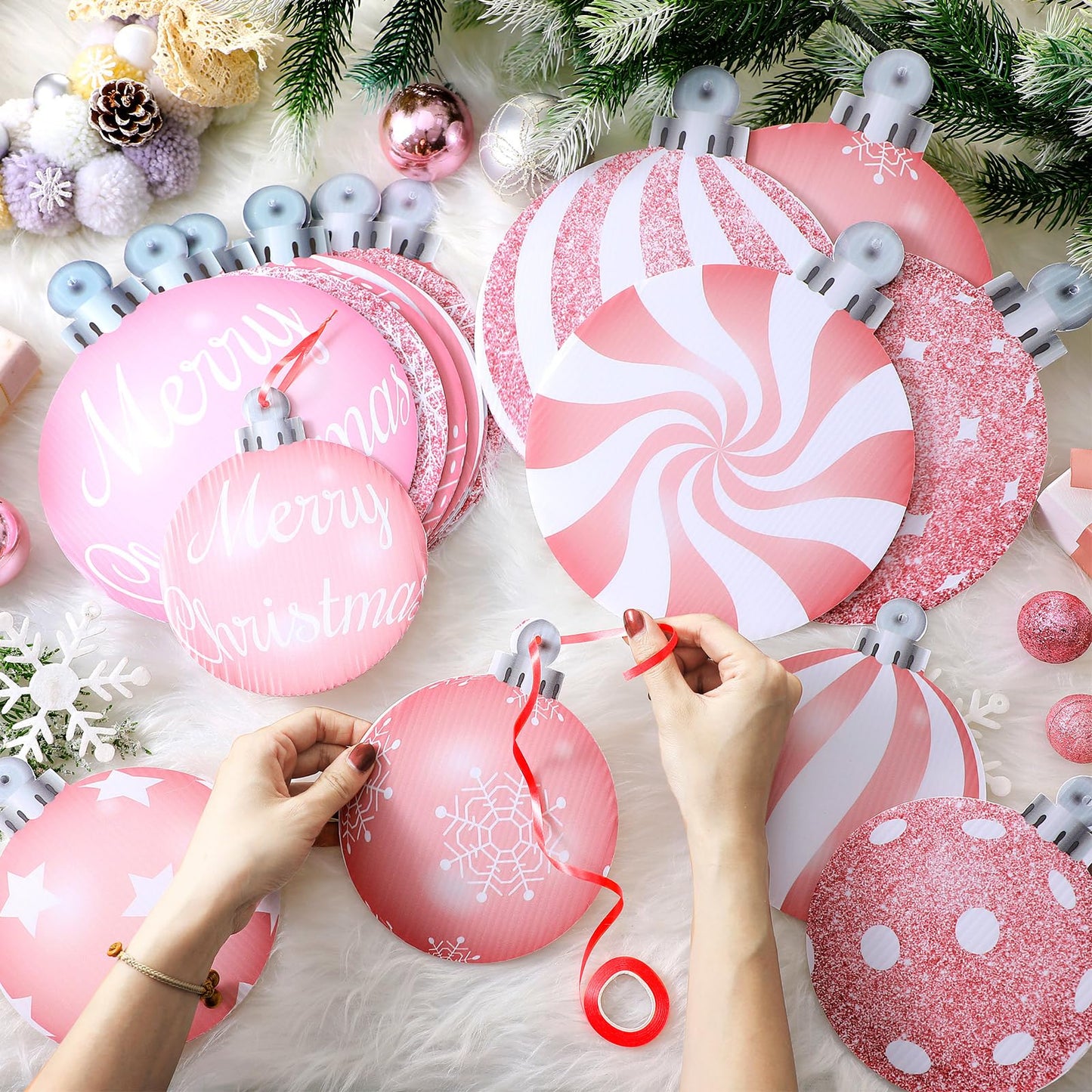 Huwena 24 Pcs Christmas Decorations Outdoor Christmas Hanging Ornaments Peppermint Candy Yard Signs Double Sided Lawn Decorations Peppermint Ornaments for Xmas(Pink)
