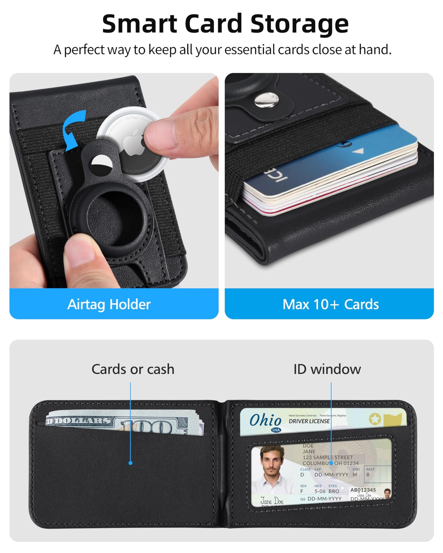 ExtreLife For Magsafe Wallet Stand with Airtag Holder, Strongest Magnetic Wallet for iPhone 17/16/15/14/13/12 Series, ID Window, 4 Card Slots, 10 Cards Holder, Vegan Leather, RFID Blocking, Black