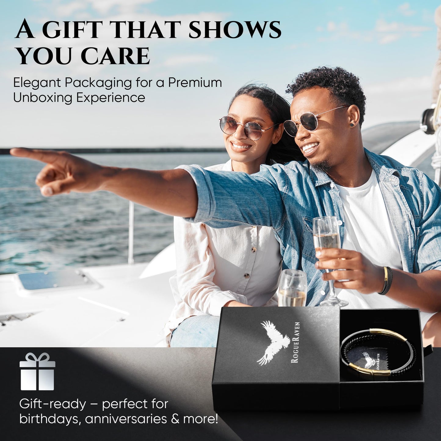 RogueRaven Black Leather Bracelet for Men – Premium Collection – Brown Black Gold Silver | Genuine Leather Mens Bracelet with Stainless Steel Clasp [Adjustable] | In Luxury Gift Box