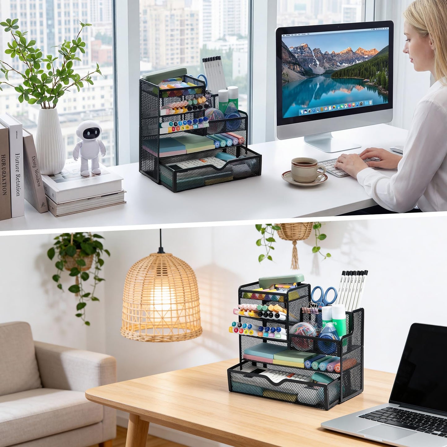 M&G Mesh Pen Holder for Desk, Multi-Functional Pencil Holder with Drawer Desk Organizer, Large Capacity Office Desk organizers and Accessories (Black)