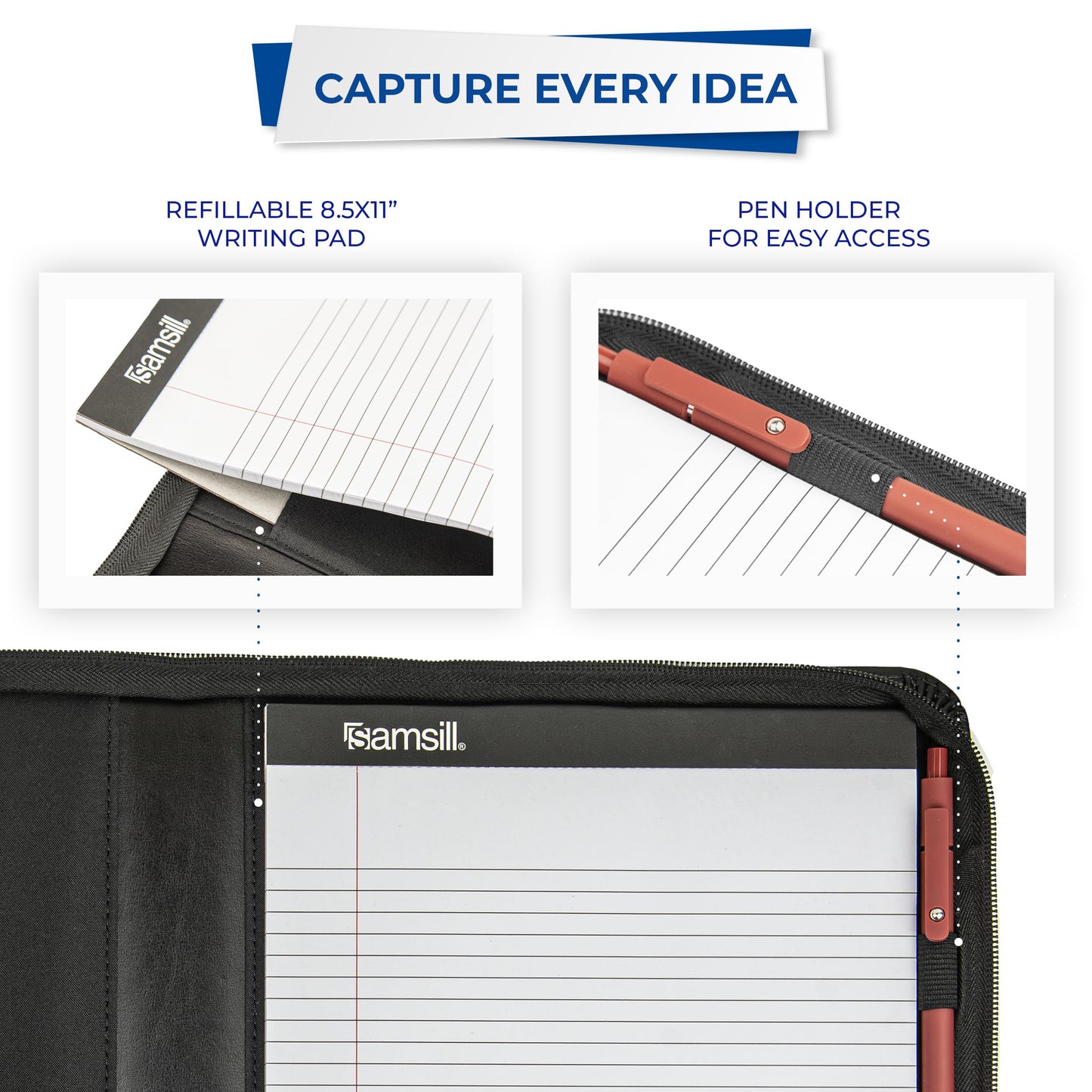 Samsill Contrast Stitch Leather Zippered Portfolio Folder/Business Portfolio for Men and Women, Resume/Document Organizer with Writing Pad, Black (71720)