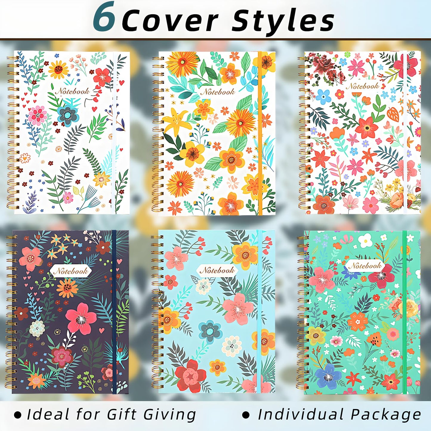 Coopay 6 Pack B5 Spiral Notebook Journal for Women, College Ruled Composition Notebooks Hardcover Spiral Journal, Cute Blooming Floral, Office School Business Supplies, 10.2" x 7.5", 160 Page