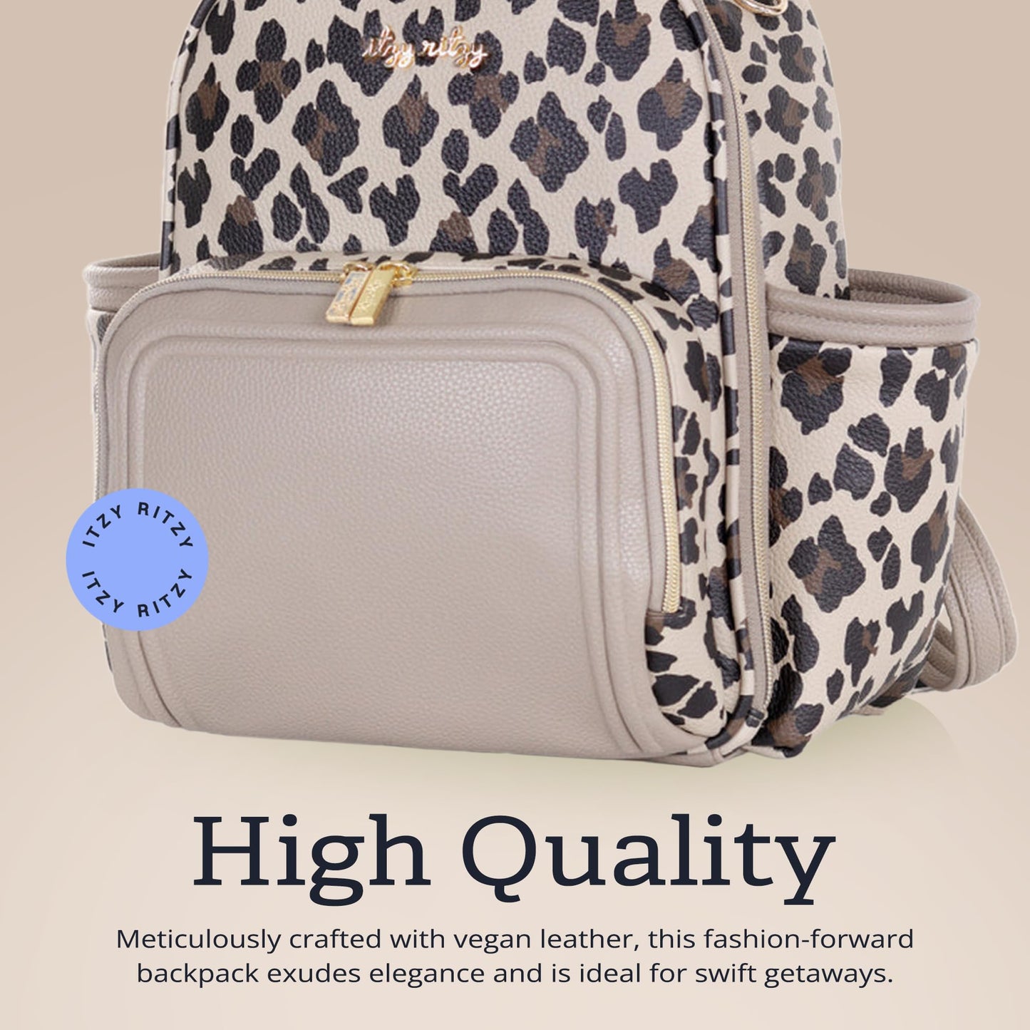 Itzy Ritzy Mini Diaper Bag Backpack – Chic, Compact Mini Plus Backpack with Changing Pad, 10 Pockets (6 Internal, 4 External), Grab-Top Handle & Rubber Feet (Leopard)
