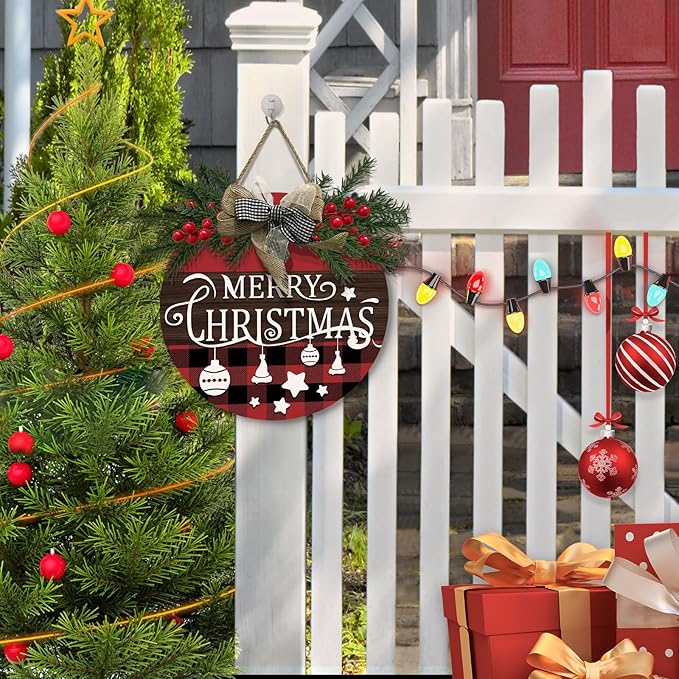 Merry Christmas Door Sign Xmas Buffalo Plaid Hanging Signs With Bow And Wreath Christmas Stars Wooden Sign for Front Door for Holiday Rustic Farmhouse Outdoor Wall Window Decor 12 Inch