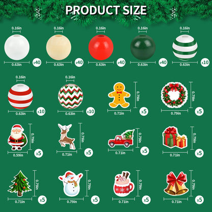 240 Pieces Christmas Wooden Beads Red Green Wood Beads Snowman Gingerbread Santa Deer Craft Bead with Hole for Winter Holiday Garland Making Xmas Home Tree Hanging Decoration