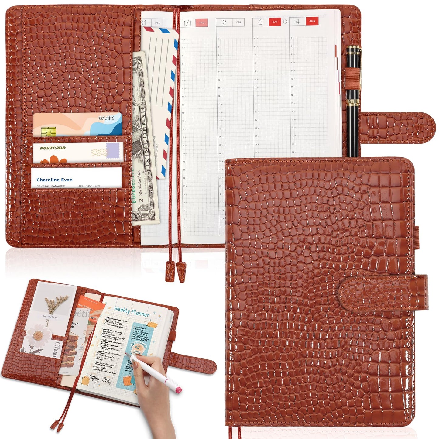SKLENICE PU Leather Cover for A5 Notebooks Brown Planner Cover Compatible with Hobonichi Cousin Stalogy and MD A5 Journal Cover with Pen Loop Pockets for Refillable Notebook Planner