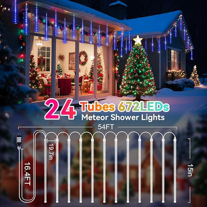 KNONEW Christmas Lights Outdoor, 15 inch 24 Tubes 672 LED Meteor Shower Lights Plug in Waterproof Falling Rain Light for Xmas Tree Wedding Party Garden Holiday Rooftop Decorations (Blue)