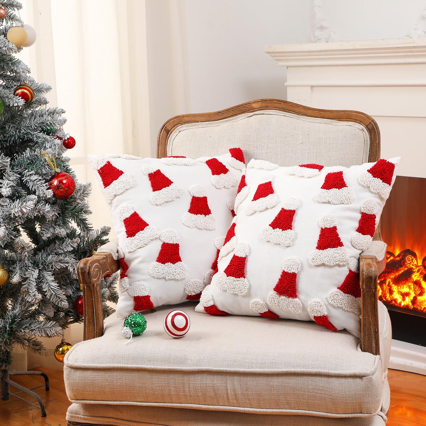 Mixweer 2 Pcs Tufted Christmas Throw Pillow Cover 18 x 18 Inch Santa Hat Pillow Covers 3D Xmas Pillows Case Decorative Soft Cushion Cover for Sofa Couch Bed Room