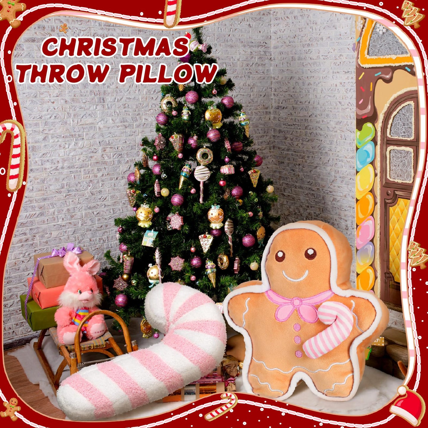 Yalikop 2 Pcs Christmas Gingerbread Man Cane Pillow Christmas Plush Throw Pillow Decorations Couch Sofa Decor Plush Stuffed for Home Winter Holiday Party Decoration