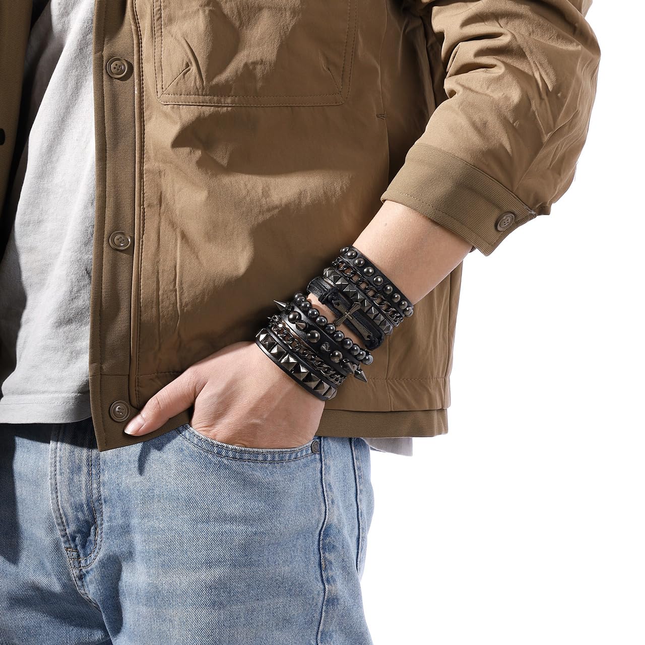 Eigso Punk Cross Leather Cuff Bracelets for Men Women Retro Vintage Chain Bracelet Set for Man Woman