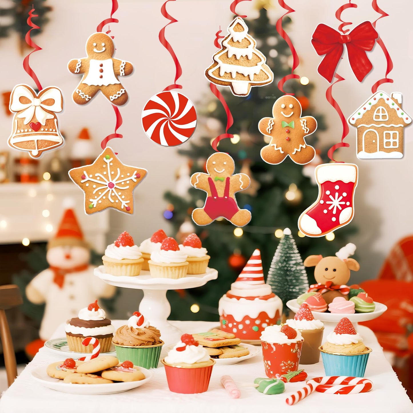 OBBOLO Merry Christmas Banners Gingerbread Theme, Pre-Strung Xmas Party Decorations, with 20 Pcs Gingerbread Men Hanging Swirls for Office Celebrations, School Events, Home Holiday Indoor Decor