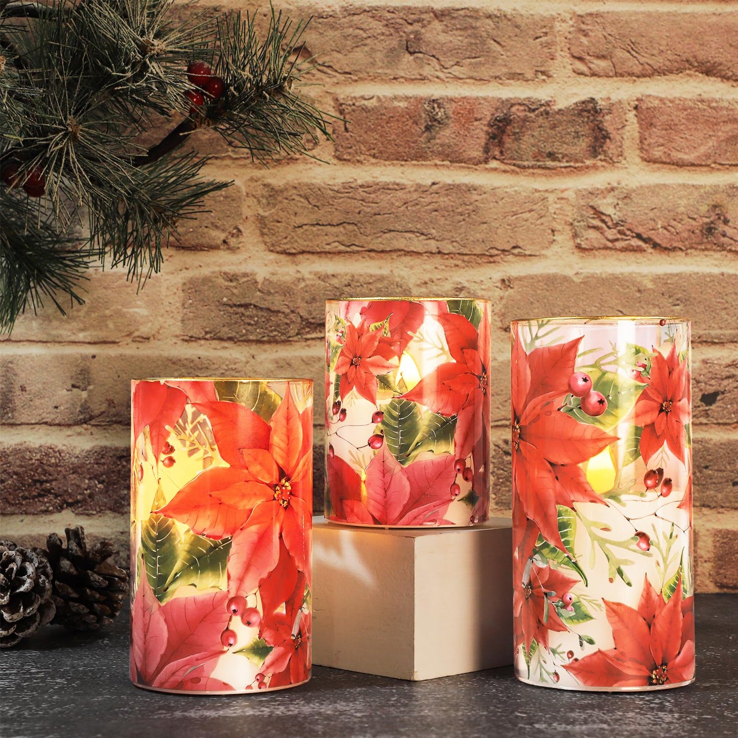 Crystal Club Red Poinsettia Christmas Flameless Candles with Remote, Battery Operated LED Pillar Candles, Real Wax & Glass 3D Flickering Flame Holiday Decor for Christmas, Mantel, Gift (Set of 3)