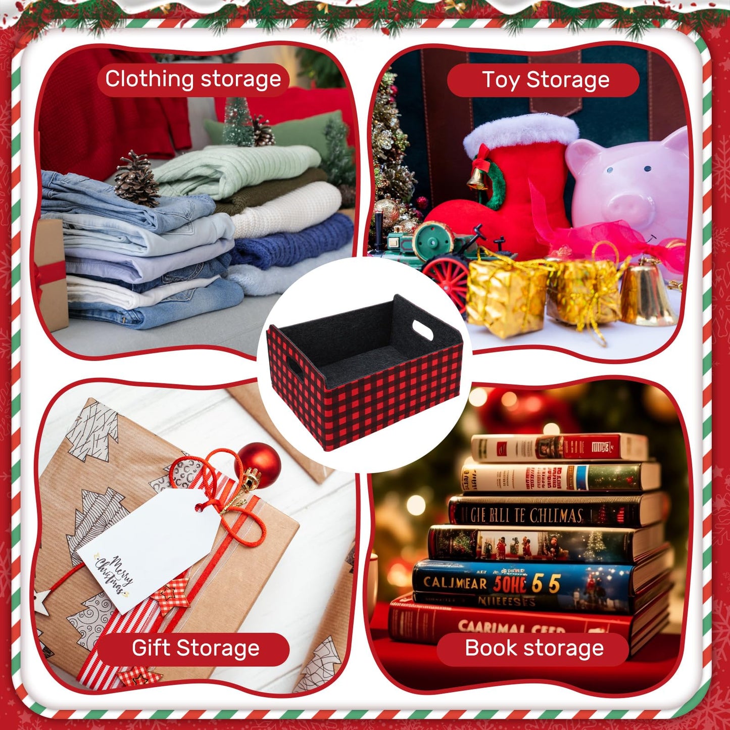 FoldTier 3 Pcs Large Christmas Baskets for Gifts Empty Collapsible Buffalo Plaid Felt Storage Basket Red Black Christmas Bins Xmas Organizer Box for Holiday Gift Snack Toys Pet Home Bedroom Office