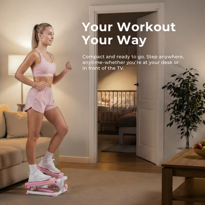 Sunny Health & Fitness Mini Stepper, Compact Home Workout Equipment for Legs & Glutes, Low-Impact Cardio Machine with Digital Monitor, Quiet Hydraulic Resistance, Pink