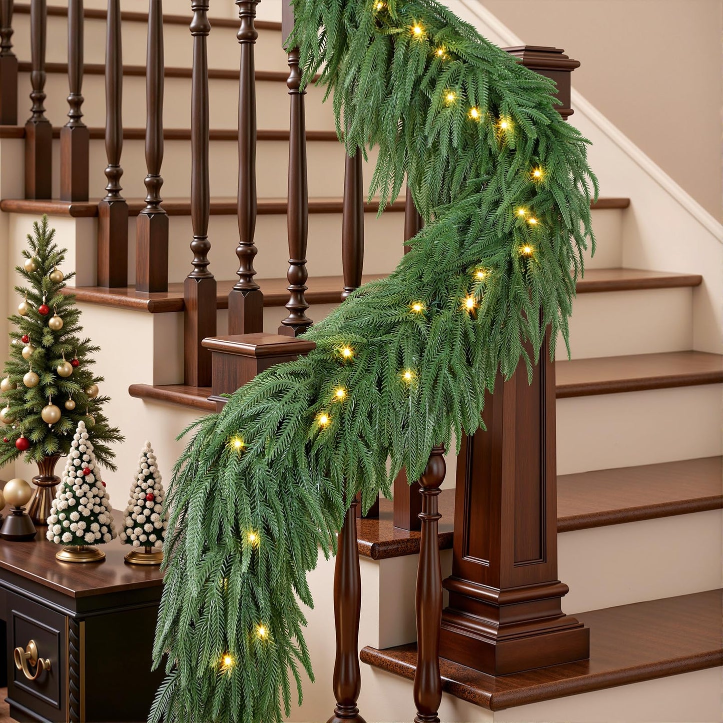 9ft Artificial Christmas Garland with Lights, Real Touch Norfolk Pine Garland - Pine Garlands, Prelit Green Christmas Garland for Mantle, Table, Fireplace, Indoor, Outdoor Christmas Decorations