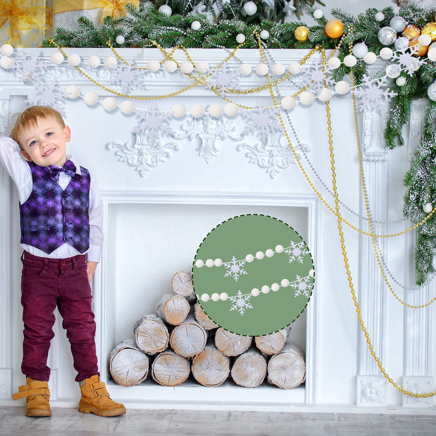 Tegeme 2 Pcs 13.2ft White Felt Pom Pom Garland Christmas Tree Decorations Cute Winter Snowball Snowflake Ornaments Hanging String Pompom Snowball Beads Xmas Holiday Birthday Party Banners