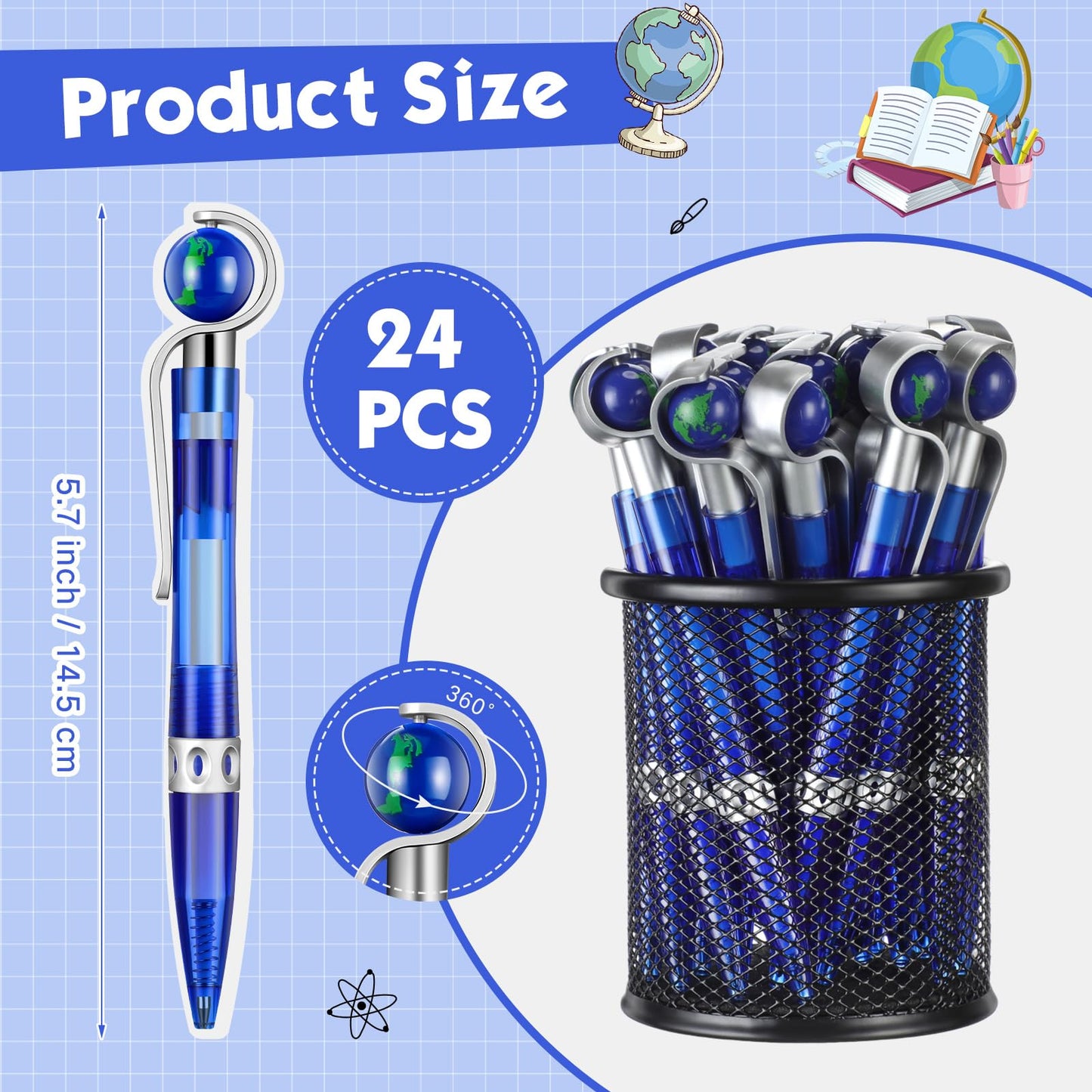 Dianelhall 24 Pcs Earth Day Pens Bulk Novelty Tellurion Shape Black Ink World Retractable Ballpoint Pens Earth Day Gift for Adults Accessories Office Decoration(Blue and Silver)