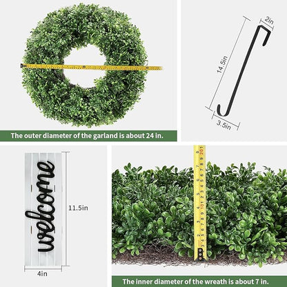 24" Wreath, Artificial Boxwood Wreaths for Front Door, Spring and Summer Wreath, Used for Spring Home Decor,Farmhouse or Room Indoors,Outdoors, corridors, Offices (Green)