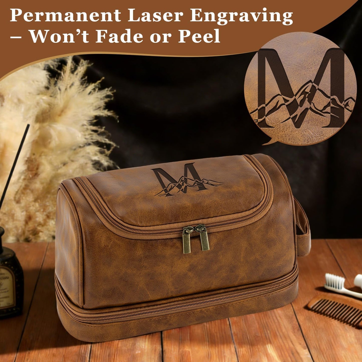 Aganmi Personalized Toiletry Bag Fathers Day Birthday Gifts for Men Dad Husband, Custom Initial Waterproof PU Leather Toiletry Organizer Dopp Kit Shaving Bag Travel Essential for Him Light Brown J