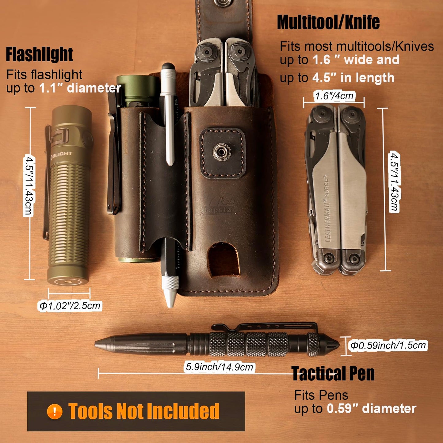 Topstache Leather Multitool Sheath - Multi Tool Holster with Belt Clip - EDC Belt Organizer Fits Multitool, Flashlight, Pen - Leather EDC Pouch Belt Holder Case with Closure Flap, Darkbrown