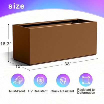 Tall Metal Planter, 15" W×16.3" H Large Rectangular Planter Box for Outdoor or Indoor, All-Weather Durable Plant Box with Drainage Holes & Removable Shelf for Patio, Porch, Garden, Trees, Flowers