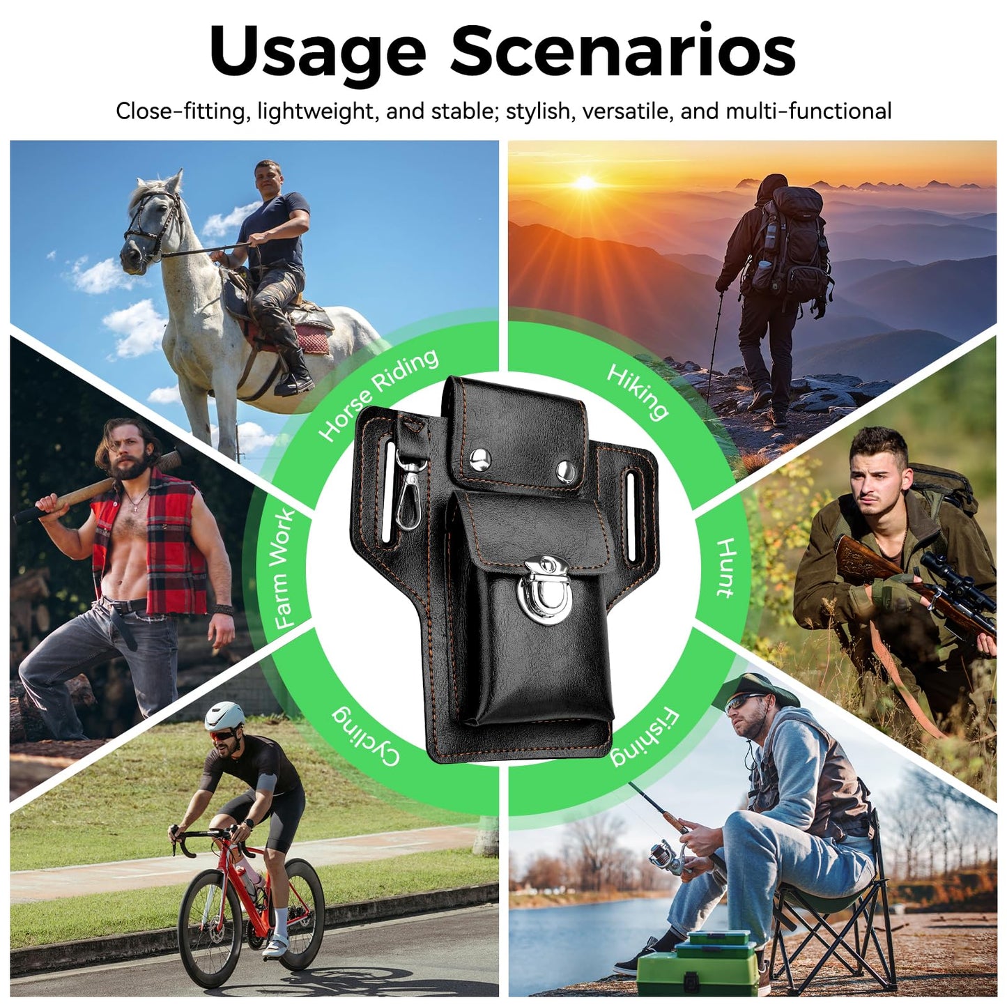 Leather Phone Holster for iPhone 17/16/15/14/13/12/their Pro & Pro Max, Belt Clip Cell Phone Case for Galaxy S25/S24/S23, Multitool Magnetic Closure Belt Pouch, Fits All Phones up to 7" (Ebony)