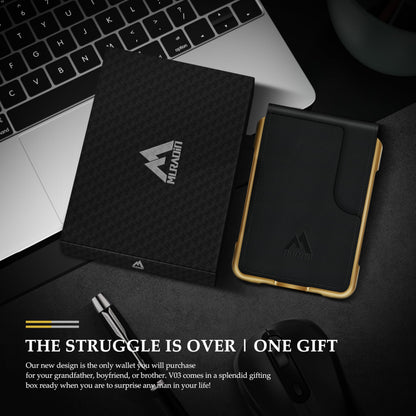 MURADIN Mens Wallet Tactical Bifold Wallets for Men Metal RFID Blocking Aluminum Money Cards Holder Gifts for Men (black leather with gold frame)
