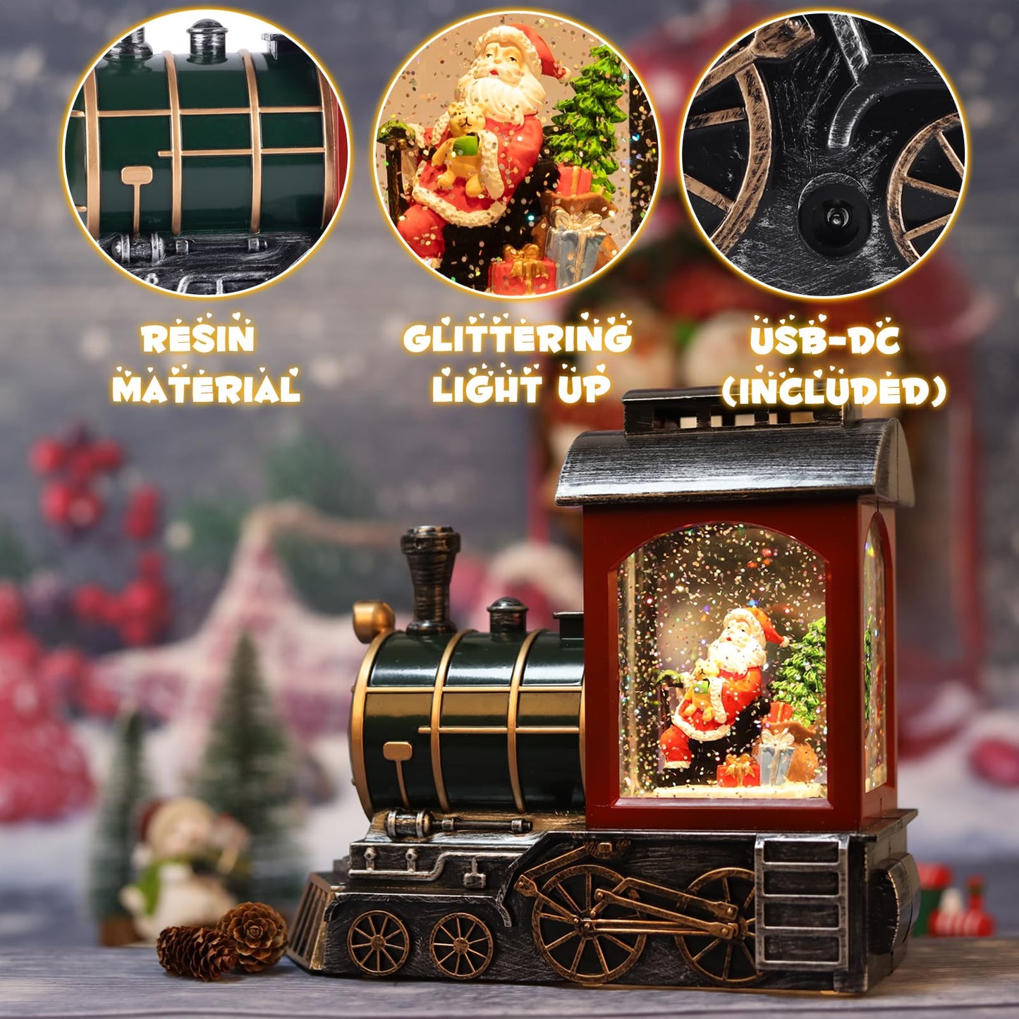 Santa Red Train Christmas Snow Globe Lantern-Glittering Light Up Musical Snow Globe Christmas Decorations, 6H Timer, USB & Battery Operated, Santa Indoor Home Décor
