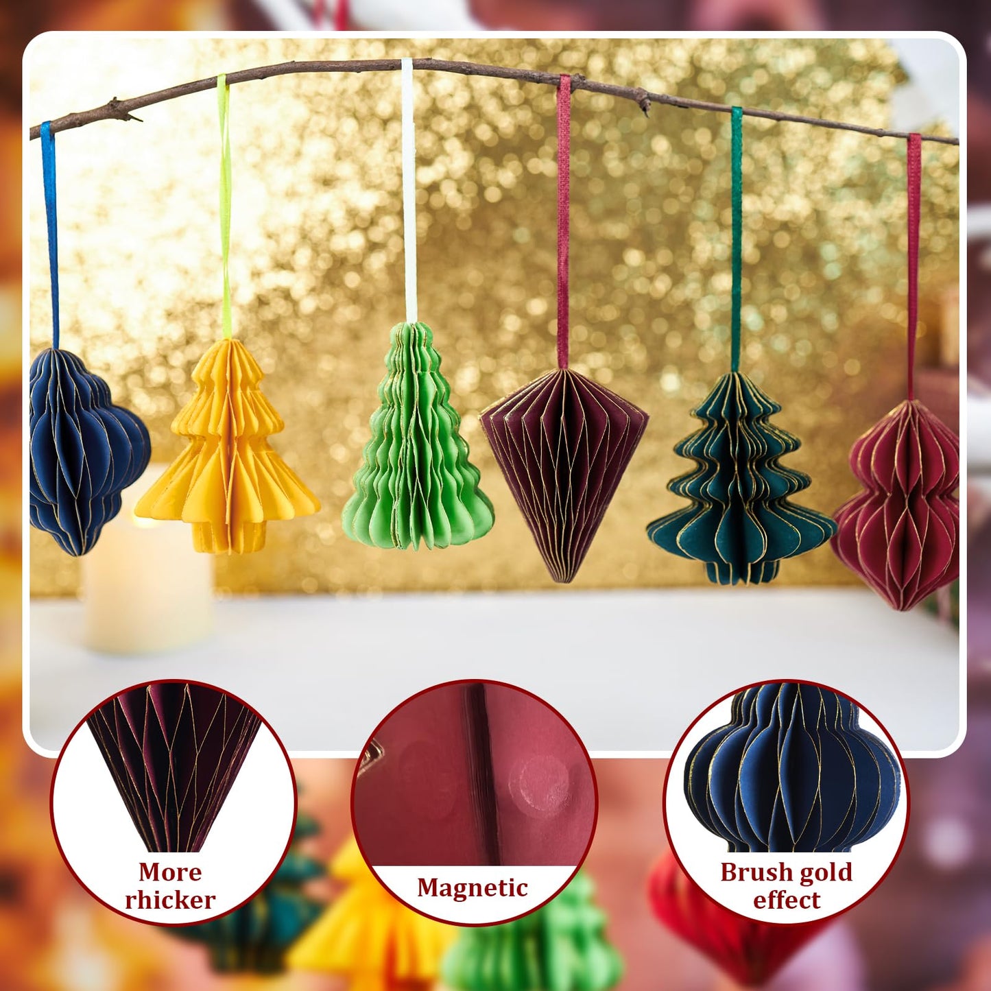 OBBOLO Paper Christmas Tree Ornaments, Red and Green Xmas Party Decorations, 6PCS 3D Mini Glitter Edges Paper Honeycomb Ornaments for Xmas, New Years, Holiday Home Decor