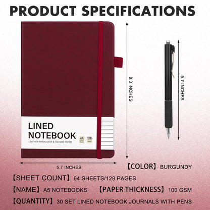 Aodaer 30 Set Lined Notebook Journals with Pens A5 Notebooks 100 GSM College Ruled Hardcover Notebook PU Leather Notepad with Pen Holder for Office School, 5.7 x 8.3 Inches, Burgundy