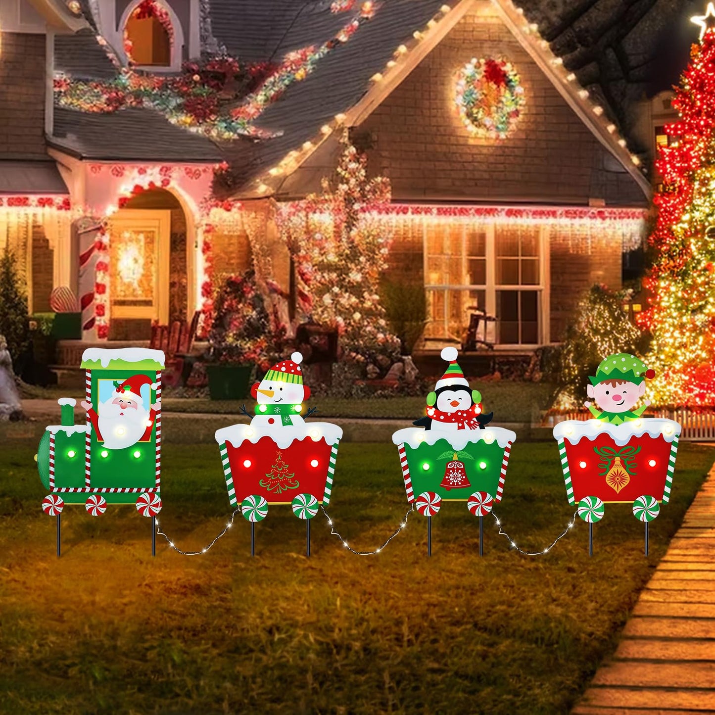 WONDER GARDEN Christmas Metal Yard Stakes, Lighted 4 Pack Christmas Garden Stakes Yard Signs, Outdoor Decorations Train with Santa, Snowman, Penguin, Boy for Lawn Party Outside