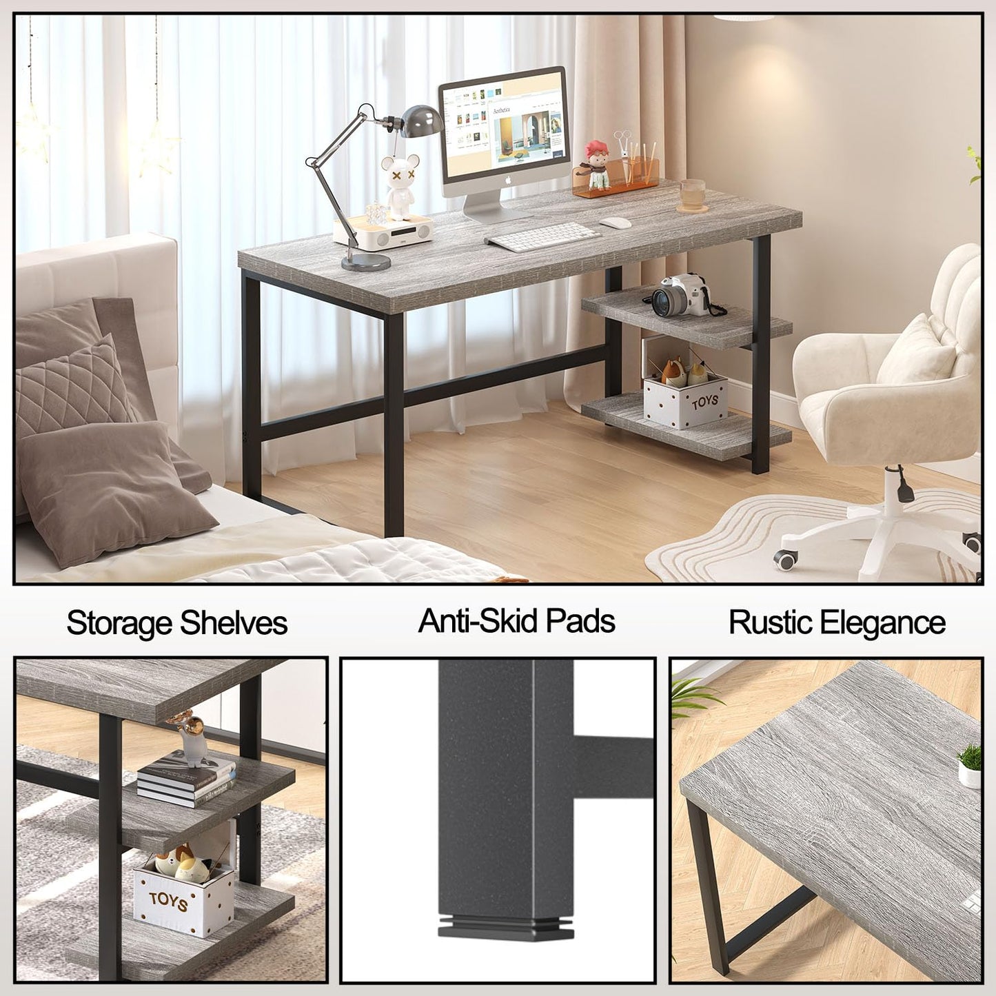 FOLUBAN 47 Inch Home Office Desk, Modern Computer Desk with Storage Shelves, Small Study Writing Gaming Table Workstation for Living Room Bedroom, Industrial Light Grey