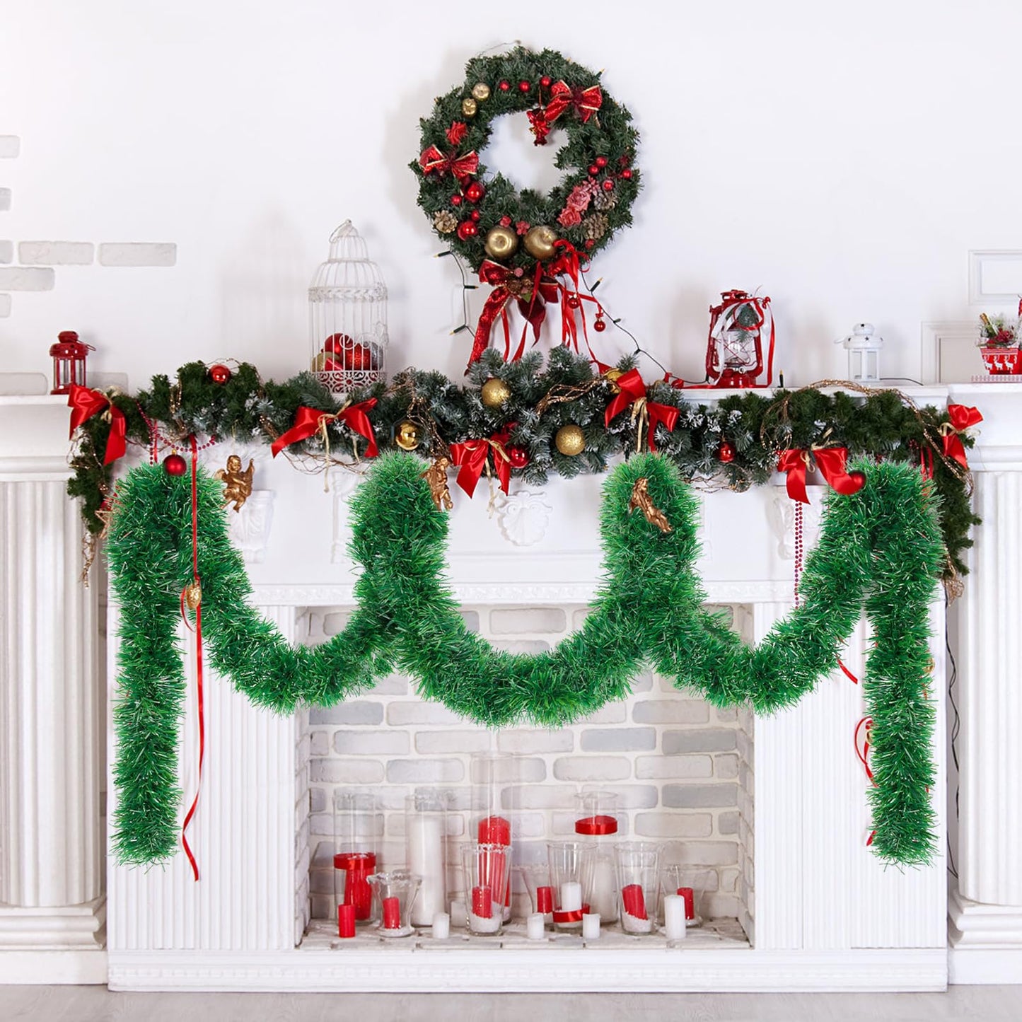 50ft Christmas Garland,Greenery Artificial Pine Twisted Hanging Garland Holiday Decor for Stairs Mantle Fireplace Home Party Holiday Christmas Decoration Indoor Outdoor Decor