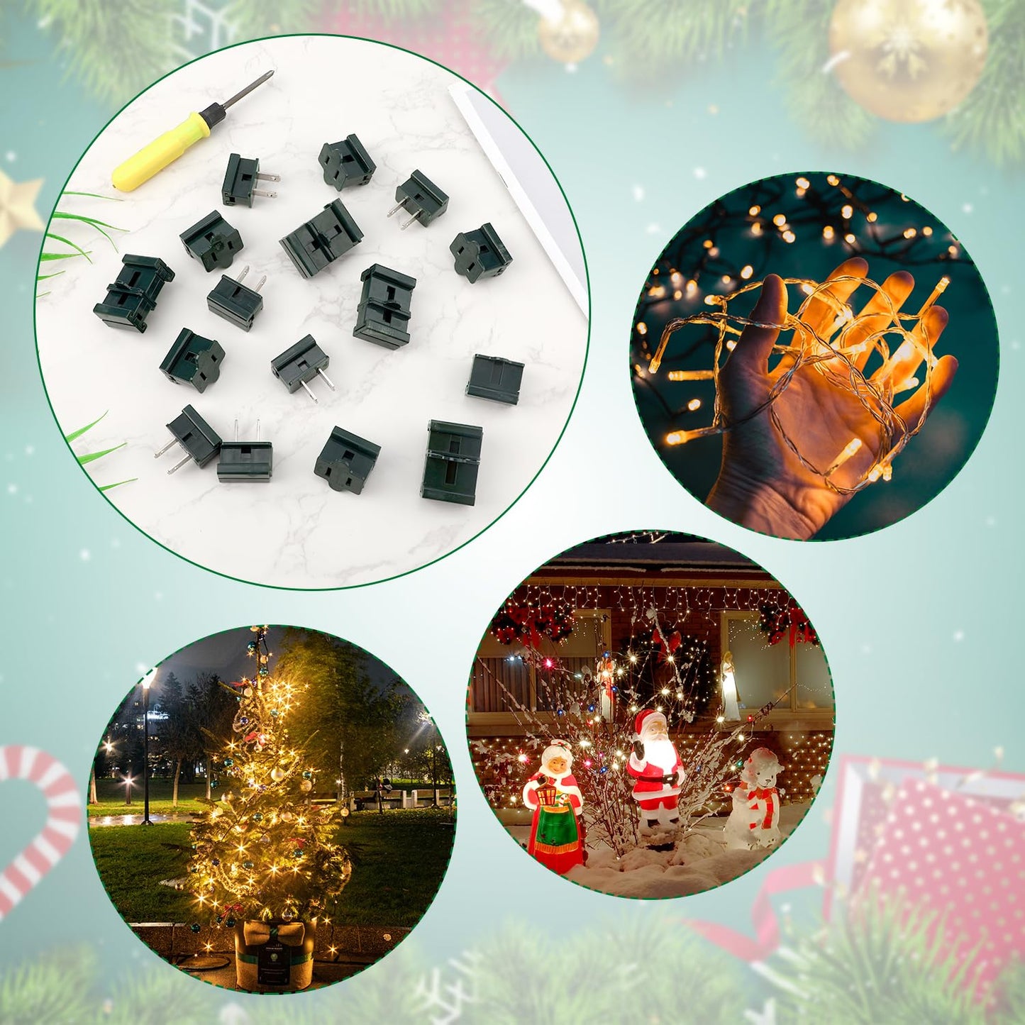 20pcs Holiday Christmas Lighting Outlet Green Slip Plug Set, 10 Male & 10 Female Vampire Adapter Ends, Electric Connector for SPT-2