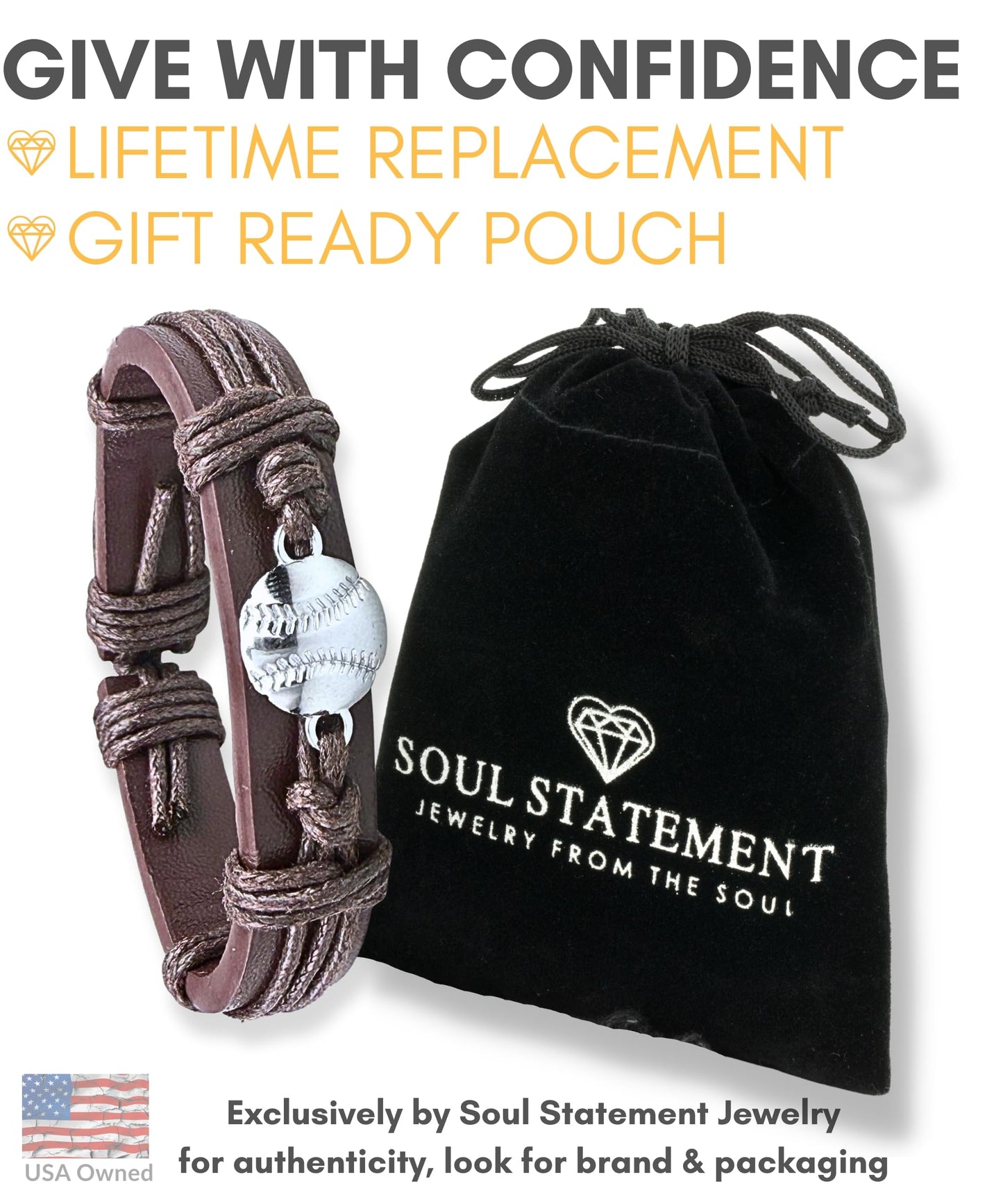 Soul Statement Genuine Leather Wrap Baseball Drip Bracelet for Teens and Men – Adjustable Cord with Stainless Steel Baseball Charm – Athletic Jewelry, Easter Basket Stuffer for Teenagers (Baseball)