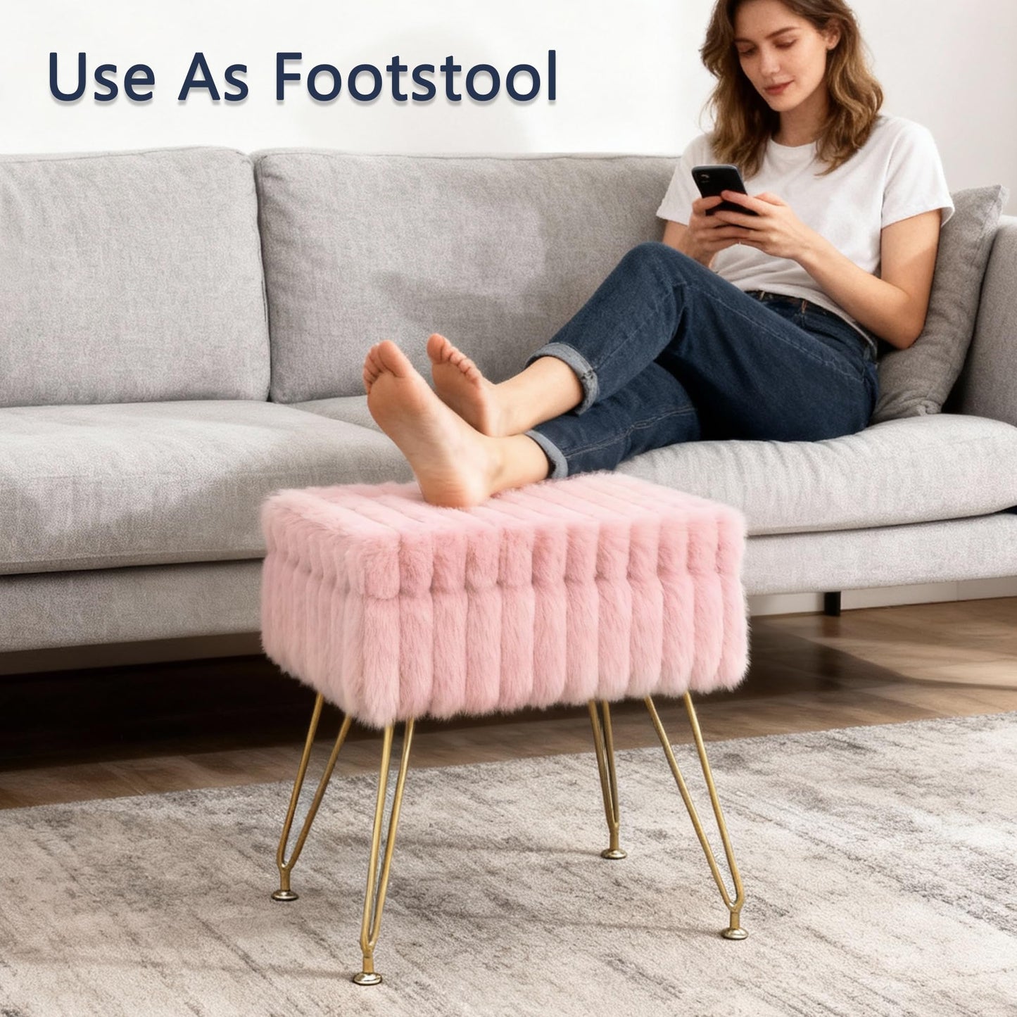 xupersodys Vanity Stool Chair with Storage, Faux Fur Soft Padded Ottoman with Coffee Table, Modern Vanity Chair Fluffy Footstool with Metal Legs for Makeup, Living Room,Bedroom Pink