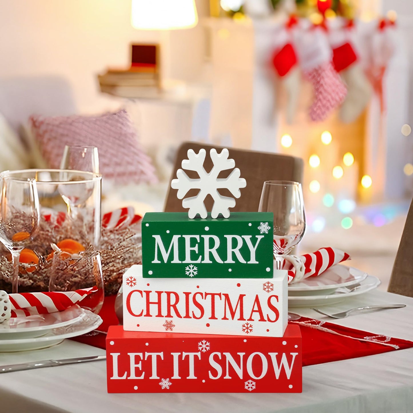 4 Pcs Merry Christmas Wooden Tabletop Decor Let It Snow Table Centerpiece Snowflake Table Sign Xmas Tiered Tray Decor Red Green Wood Block for Xmas Holiday Home Office Kitchen Desk Shelf Decors