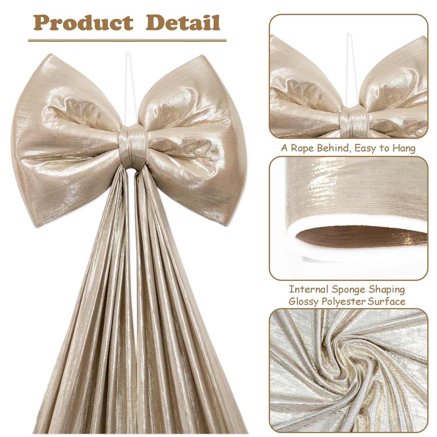 Hismir Christmas Tree Topper Bow，67x16 Inch Extra Large Room Decor Ribbon Bow for Wedding Engagement Birthday Party，Giant Xmas Bow Decorations for Home Wreath Door Wall(Champagne Gold)