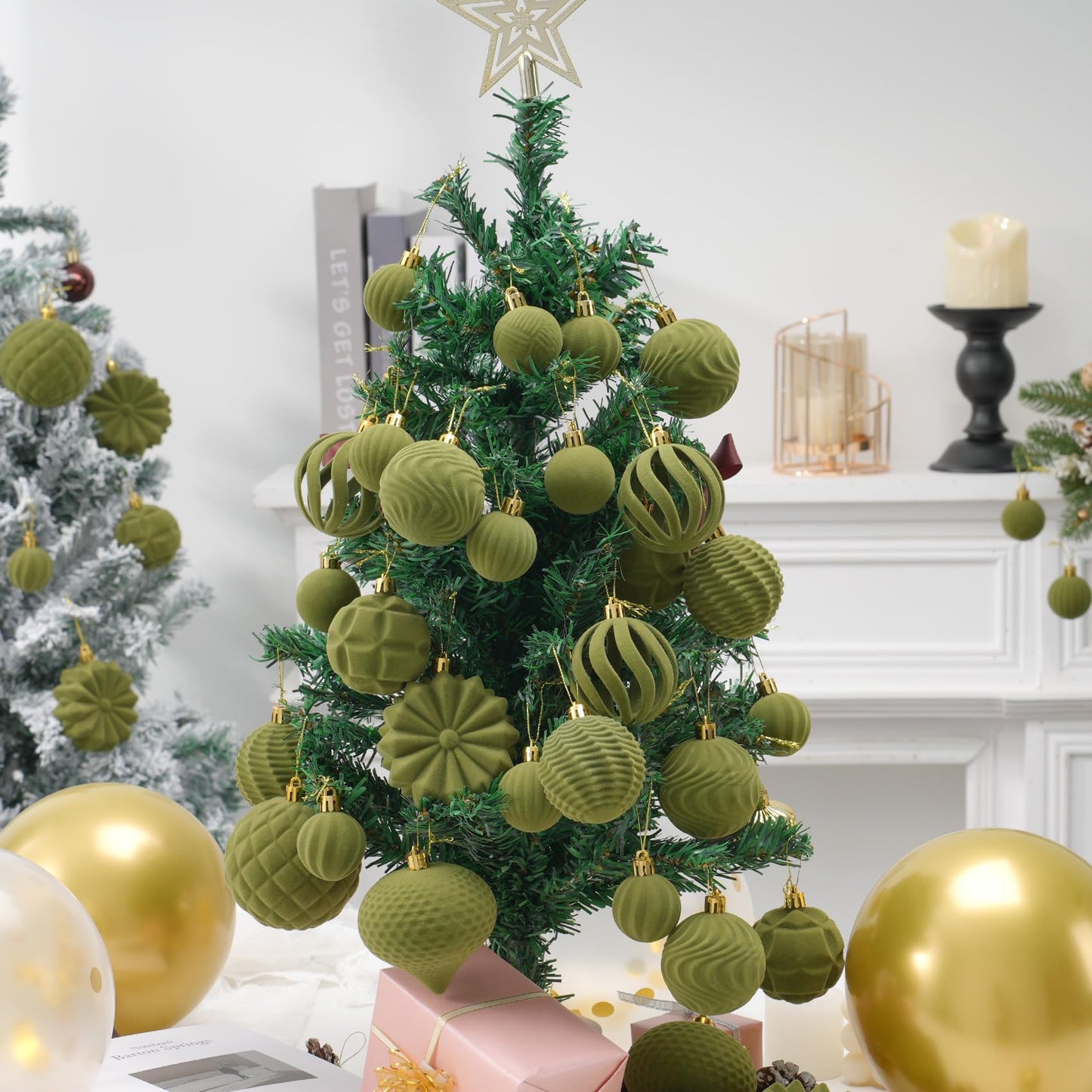 Velvet Christmas Balls 48pcs Flocked Christmas Tree Ornaments Set Shatterproof Christmas Ornaments with Hanging Rings Suitable for Xmas Tree Holiday Decor(Green)