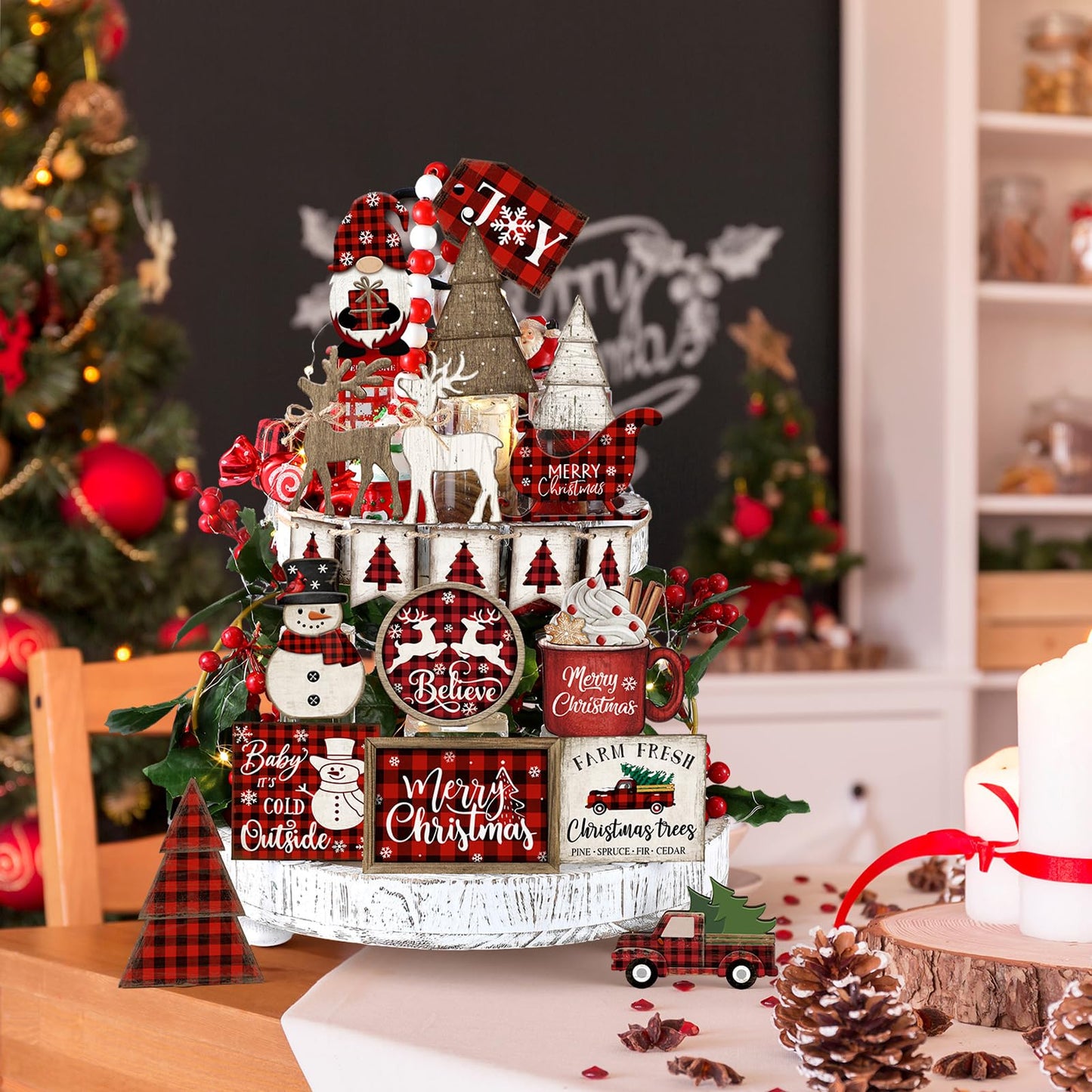 Shellwei 21 Pcs Christmas Tiered Tray Decor Set Wood Rustic Buffalo Plaid Christmas Decoration Winter Farmhouse Decor Xmas Trees Gnome Elk Snowflake Signs for Table Shelf Home Centerpiece (Plaid)