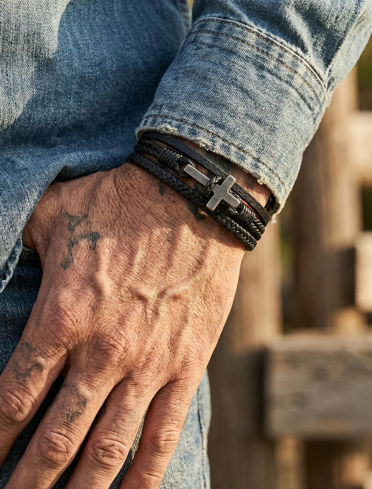 Mrcaois Retro Black Leather Bracelet Men, Vintage Cross Charm Bracelets - Genuine Leather Woven Strap for Graduation - Black, 8.3 Inch