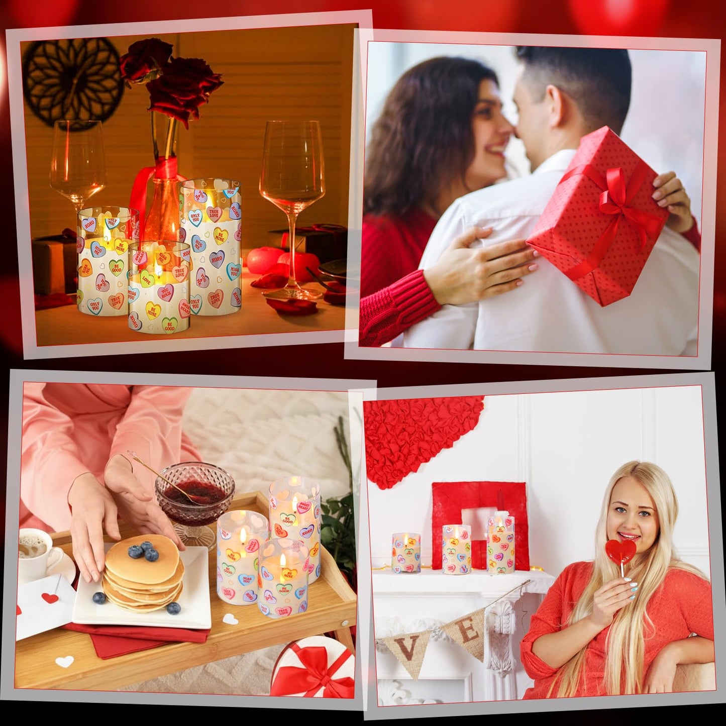 Blosssound 3 Pack Valentine's Day Flameless Candles Battery Operated Conversation Hearts Flameless Flickering Candles LED for Home Romantic Valentine's Collection Gifts Holiday Table Decorations