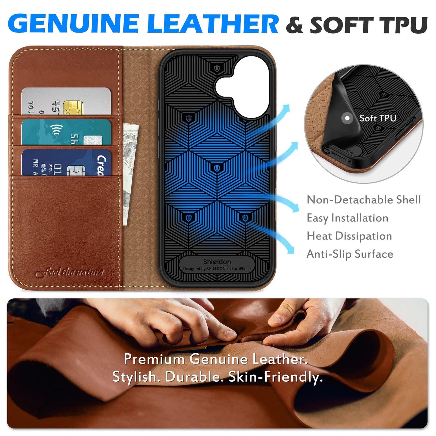 SHIELDON Genuine Leather Case Wallet for iPhone 17 6.3-inch 5G 2025 | Foldable, Magnetic Closure, Kickstand, RFID Blocking Credit Card Holder, Shock-Absorbent Phone Cover - Retro Brown