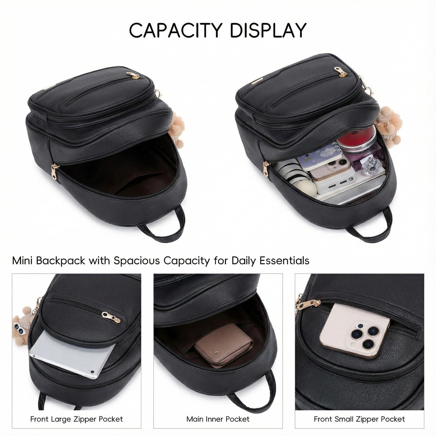 BAGOK Mini Leather Backpack Purse for Women, Small Backpack Purse with Cartoon Charm, Cute Fashion Bag for Girls