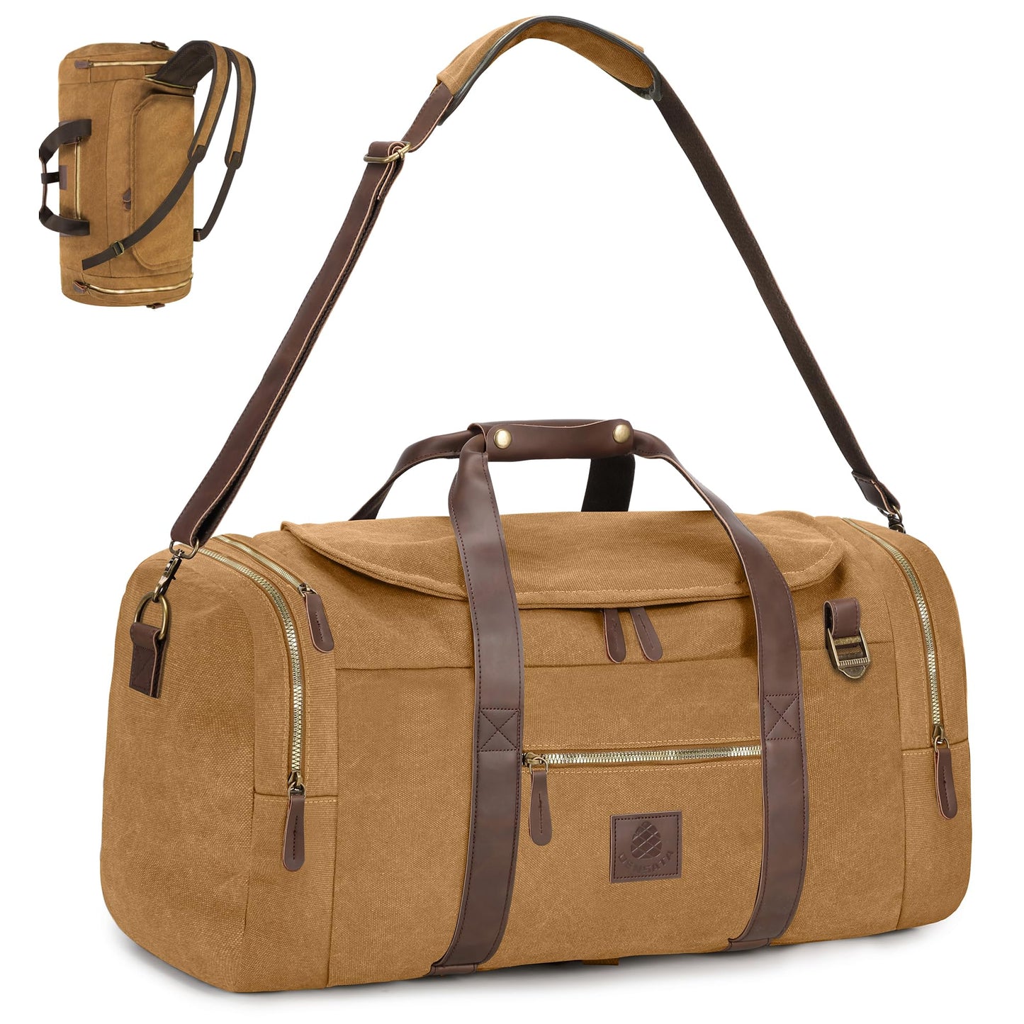 Densata 60L Travel Bags for Men, Nomad Canvas Duffle Bag Vintage Genuine Leather Travel Duffel Bag Multifunctional Weekender Overnight Backpack with Shoes Compartment (Coffee, X Large-60L)