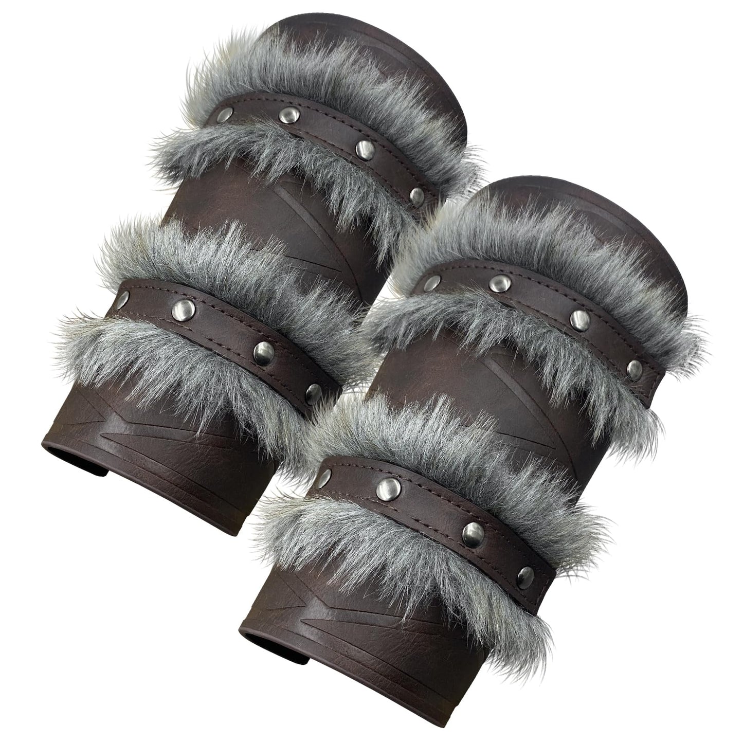 HiiFeuer Nordic Viking Barbarian Arm Guards, Medieval Artificial Fur Gauntlets, Vintage Faux Leather Bracers for LARP (Brown A)
