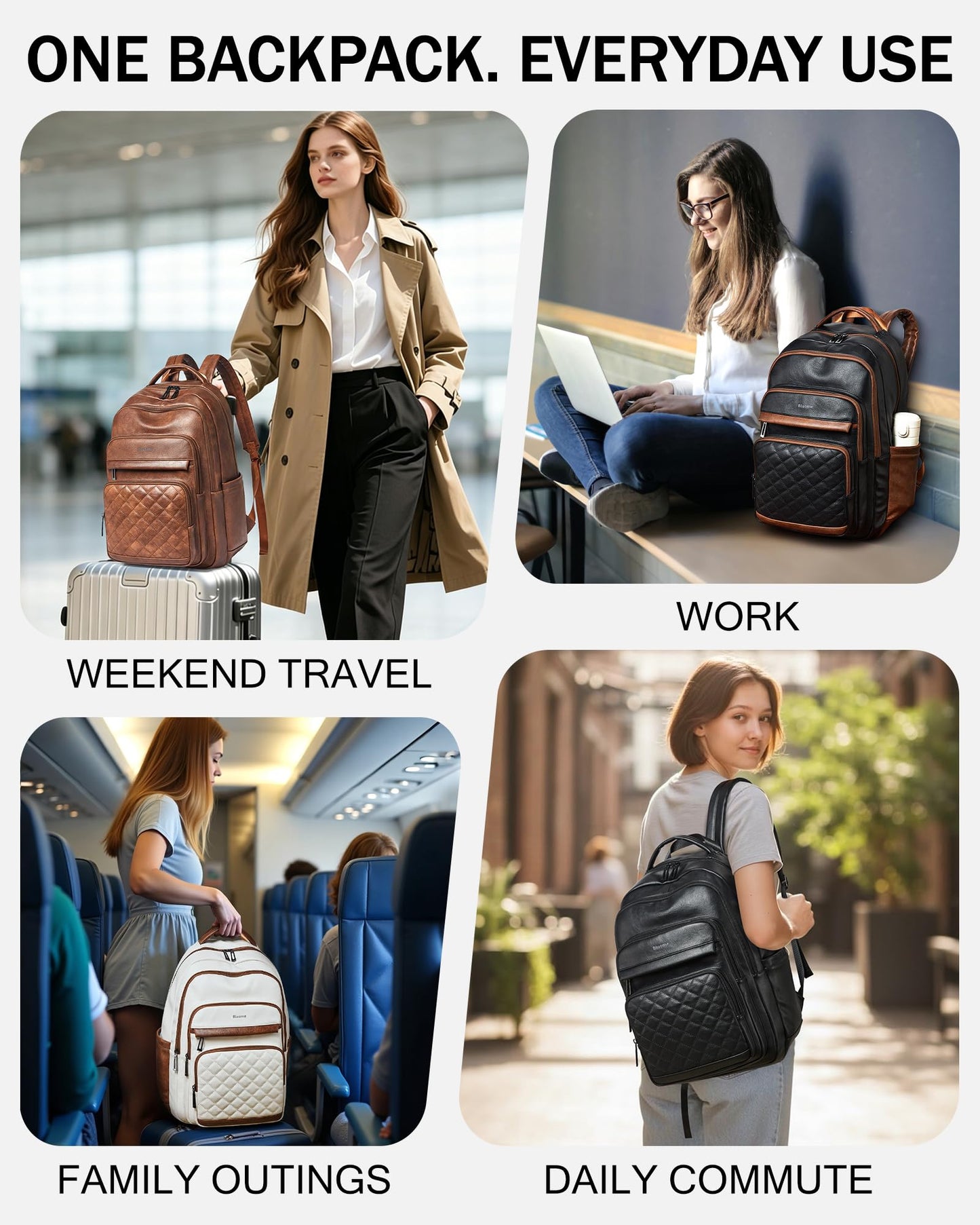 Bluome 43L Work Backpack for Women Men, Laptop Vegan Leather Backpack Purse with 15.6–17 Inch Laptop, Multi-Pocket Bookbag for Office Travel Gym Weekend Overnight Bag, Black&Brown