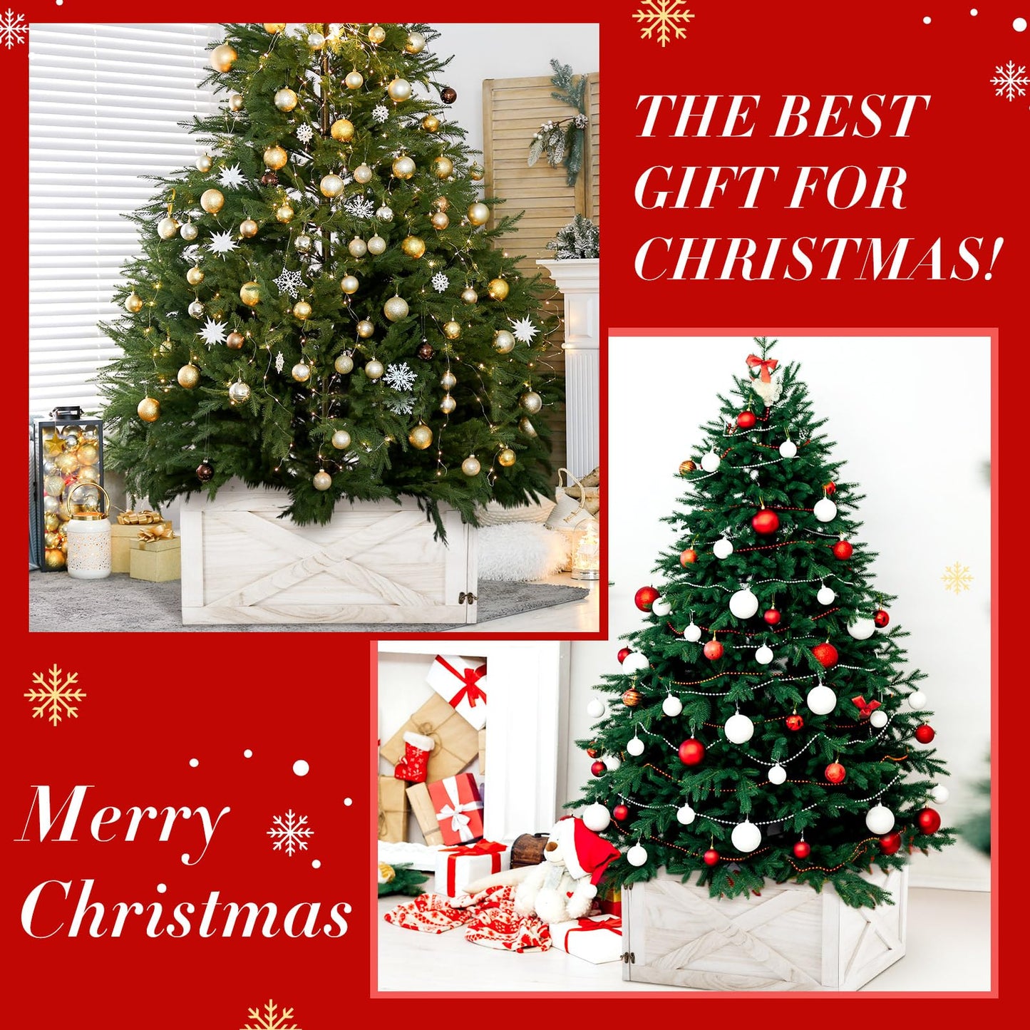 GlikCeil 22'' L Wooden Christmas Tree Collar Box Christmas Tree Skirt Stand Base Cover Rustic Farmhouse Bottom Cover Box for Xmas Party Holiday Decorations(White)