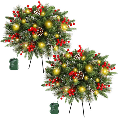 Juegoal 2 Pack Pre-lit Christmas Tree Urn Filler, Lighted Artificial Xmas Pine Trees with Tripod Stake, 8 Modes & Timer, Battery Powered Outdoor Light Up Planter Filler Festival Holiday Decor