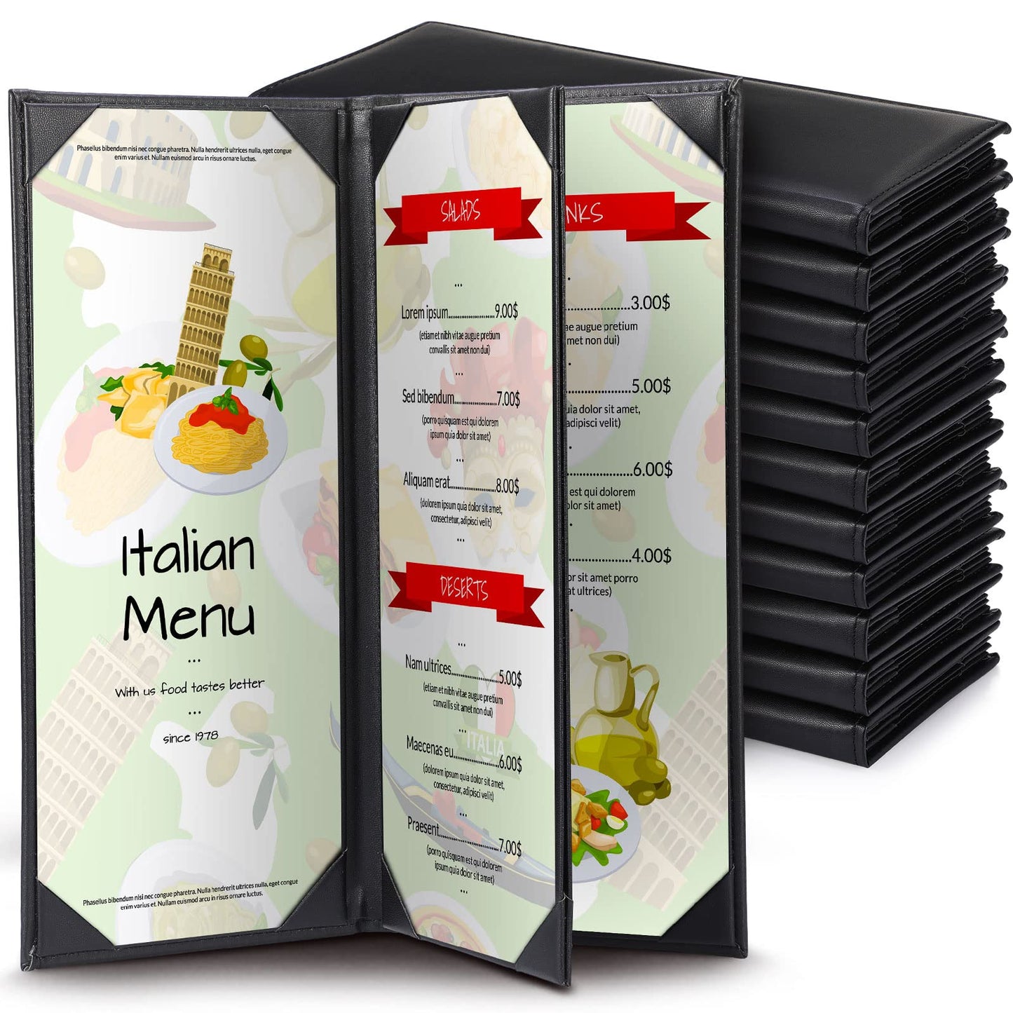 Jexine 12 Pcs Black Menu Covers Waterproof Restaurant Cafe Bar PU Leather 4 View Fold Menu Book with Angled Corners for Wine Drinks Cafes List Covers Set, 4.25 x 11 Inches